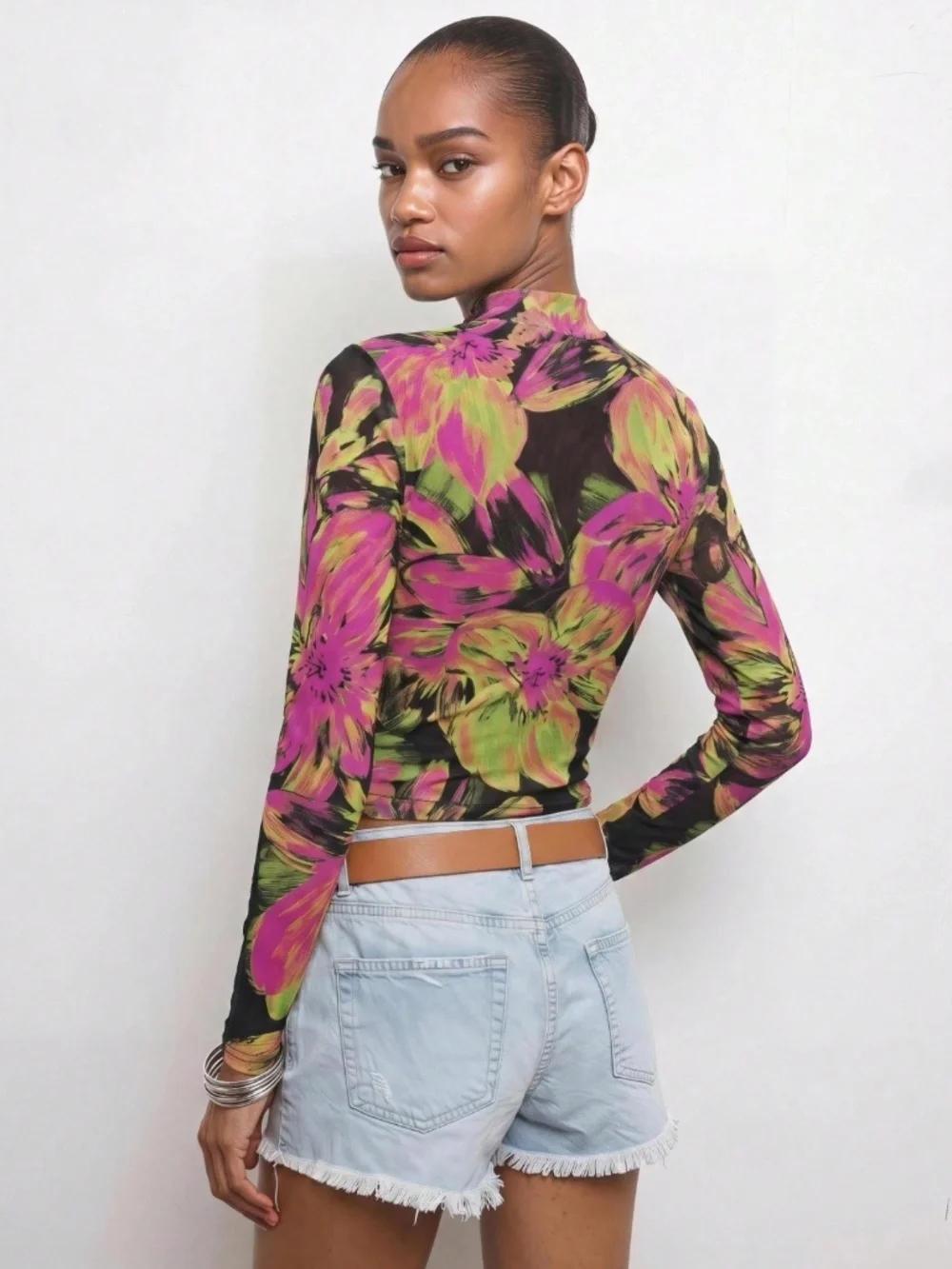 Black Floral Long Sleeve Mesh Sheer Top Shirt